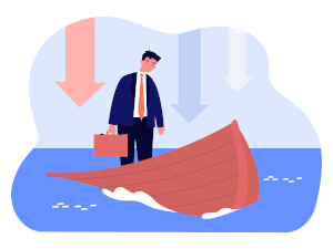 Business man in blue suit with briefcase in a boat